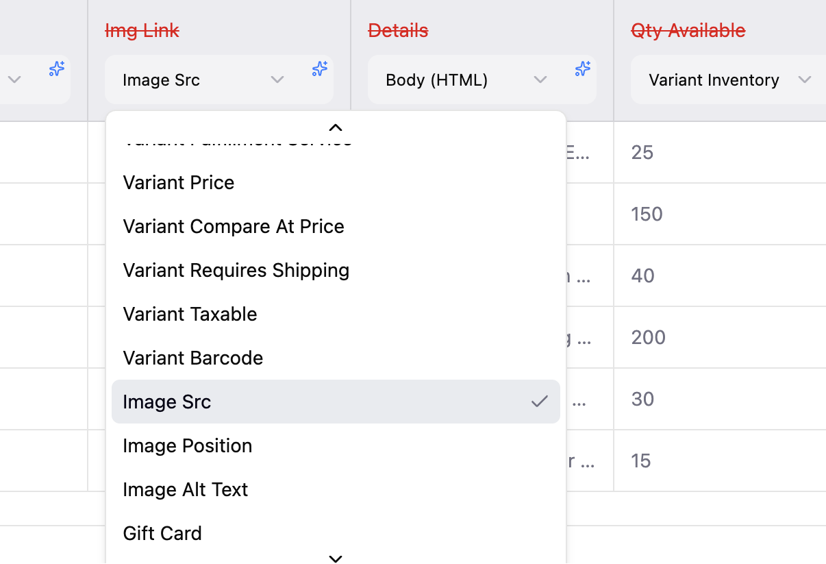 AI auto-maps messy supplier headers to Shopify fields - you can override anytime.